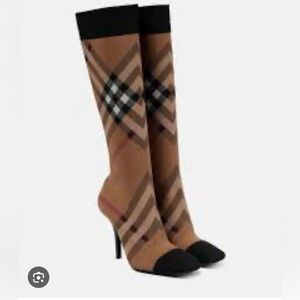 Burberry Tan Black Plaid Knee-High Heeled Boots